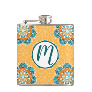 Cantil Azulejo Floral Mandala em Laranja e Teal