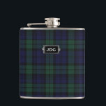 Cantil Balão de Xadrez de Tartan Preto Monograma<br><div class="desc">Frasco bonito com o padrão clássico de xadrez de tartã preto azul escuro e verde Black Watch. Personalize o monograma de três letras, na placa de metal, para atender às suas necessidades. Ideia de presente de excelente para qualquer cara e especialmente excelente como presente de festa de casamento para padrinhos...</div>