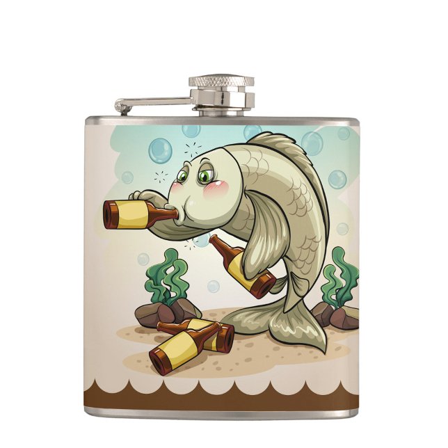 Cantil Beber como um peixe (A cartoonish, light-colored fish with green eyes and rosy cheeks is drinking from a brown bottle.)