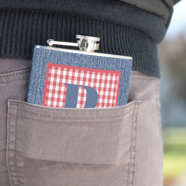 Cantil Blue Denim, Red & White Check, Large Inicial 6oz (In Situ)