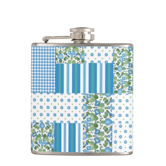 Cantil Bonito Blue Morning Glória Faux Patch Hip Flask (Frente)
