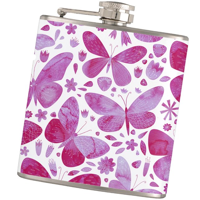 Cantil Borboleta Aquarela Rosa (Magenta hot pink and white watercolor butterfly art hip flask)