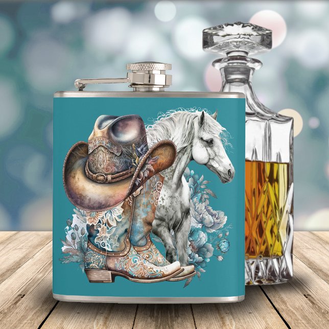 Cantil Botas de cowboy de cowboy de cowboy de cowboy que  (Western cowgirl floral cowboy boots, hat, turquoise and brown personalized flask.)