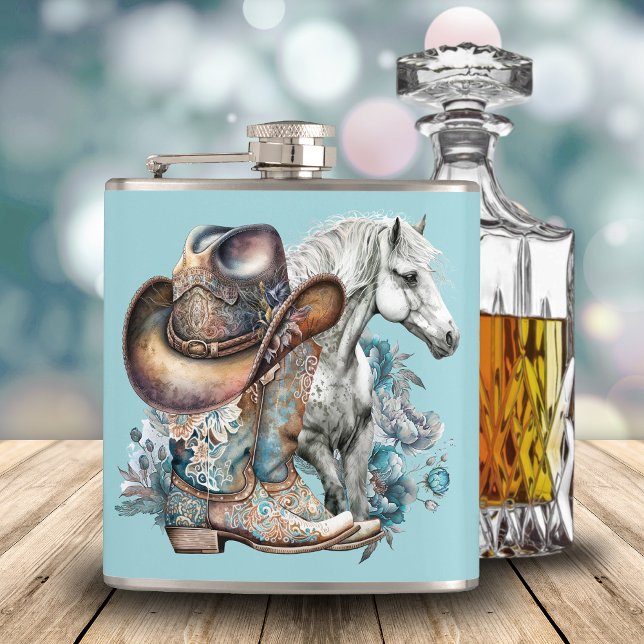 Cantil Botas de cowboy de cowboy de cowboy de cowboy que  (Western cowgirl floral cowboy boots, hat, turquoise and brown personalized flask.)