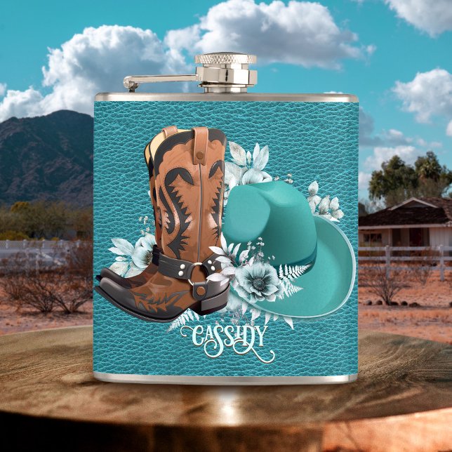 Cantil Botas de cowboy de tartaruga (Cowgirl turquoise leather cowboy boots hat flask)