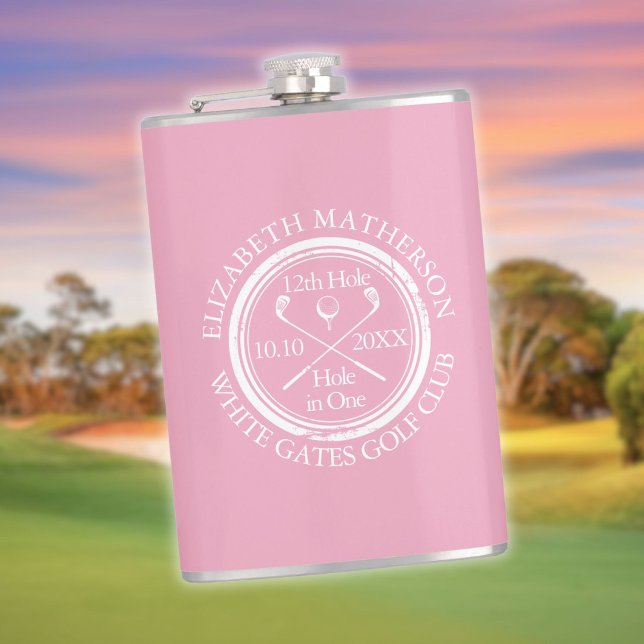Cantil Buraco de Golfe Personalizado num Rosa Feminino (Personalized Golf Hole in One Feminine Pink Flask)