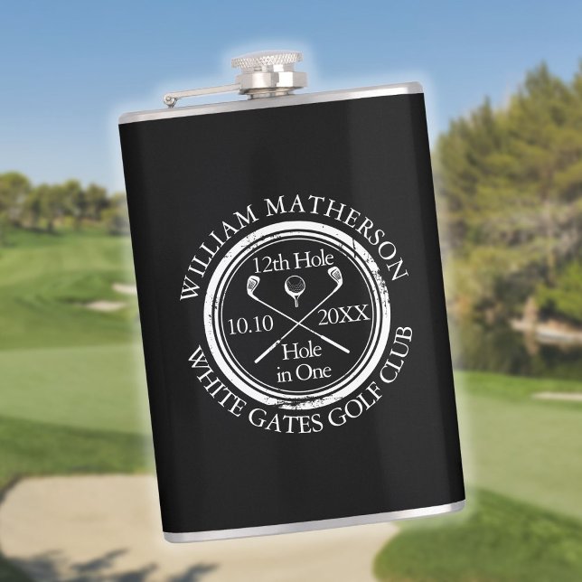 Cantil Buraco em Um Golfe Personalizado Preto e Branco (Hole in One Golf Personalized Black And White Flask)