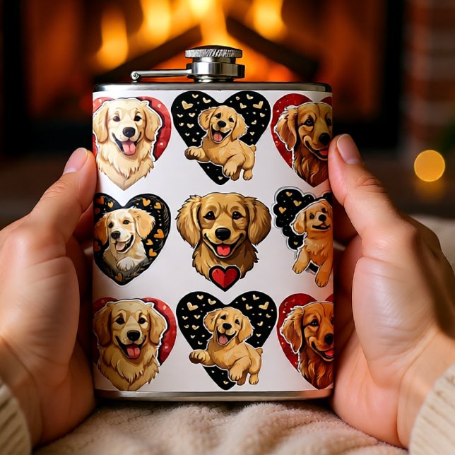 Cantil Cachorro do namorados Ouro (Golden Retriever Love Hearts Valentine Flask)