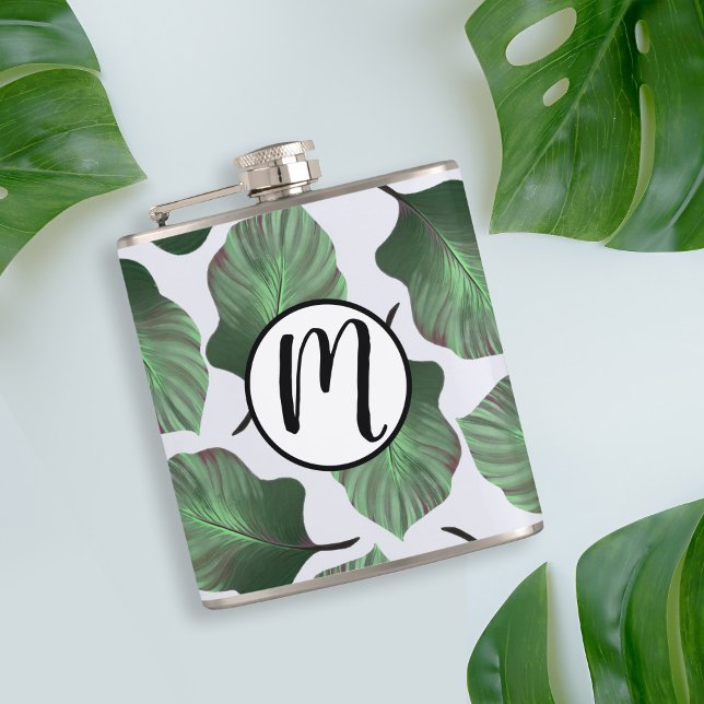 Cantil Canna Tropicanna Green Leaves e Monograma (Tropical Leaves Pattern Flask with Custom Monogram)