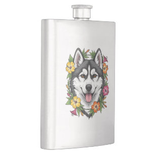 Cantil Cão de Trenó Husky e Flores Coloridas de Mirablis