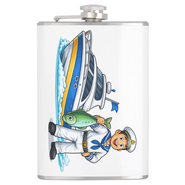 Cantil Cartoon Sailor with Yacht and Fish Nautical Art (Frente)
