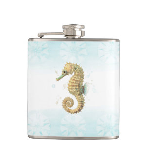 Cantil Cavalo-Marinho Azul e Dourado Aquarela Costa Praia