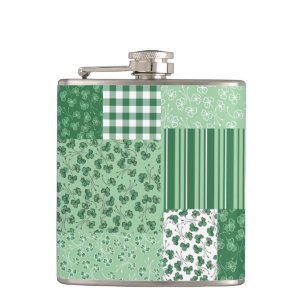Cantil Chic Green Shamrocks Faux Patch Hip Flask