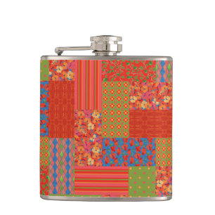 Cantil Chic Scarlet Poppies Faux patchwork Hip Flask