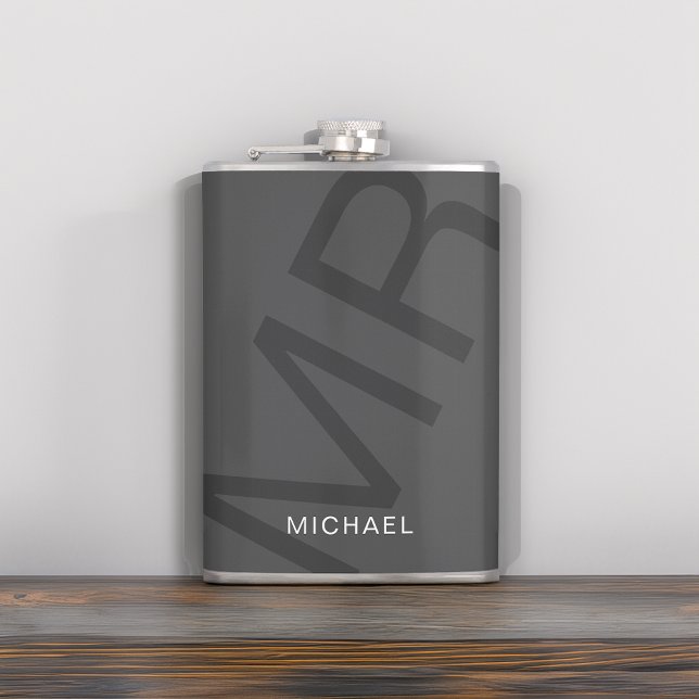 Cantil Cinza Monograma Personalizado Moderno (Modern Bold Typography Monogrammed Flask by MINTIC DESIGN STUDIO)