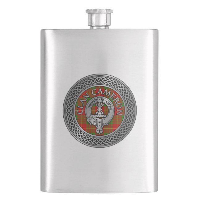 Cantil Clan Cameron Crest & Tartan Knot Flask (Frente)