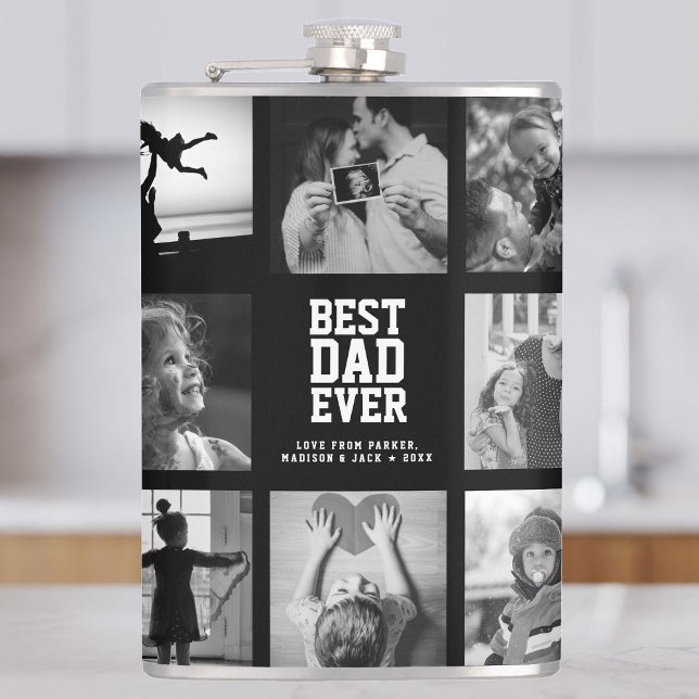 Cantil Colagem de Fotos Única Legal do MELHOR PAI Moderno (Collage of heartwarming black and white family photos on a flask with bold text "Best Dad Ever".)