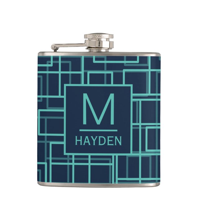 Cantil Cool Blue Geometric Grid Pattern Monogrammed Flask (Frente)