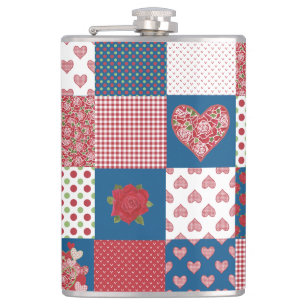 Cantil Corações e Rosas Faux Patchwork Hip Flask