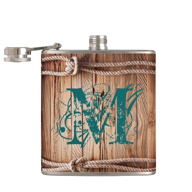 Cantil Country Rustic Wood Rope Monograma Whiskey Flask (Aberto)