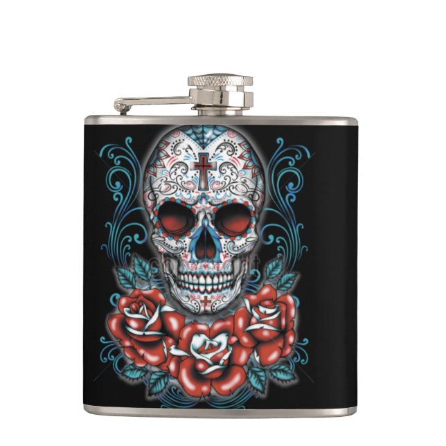 Cantil Crânio & garrafa envolvida vinil dos rosas (Frente)