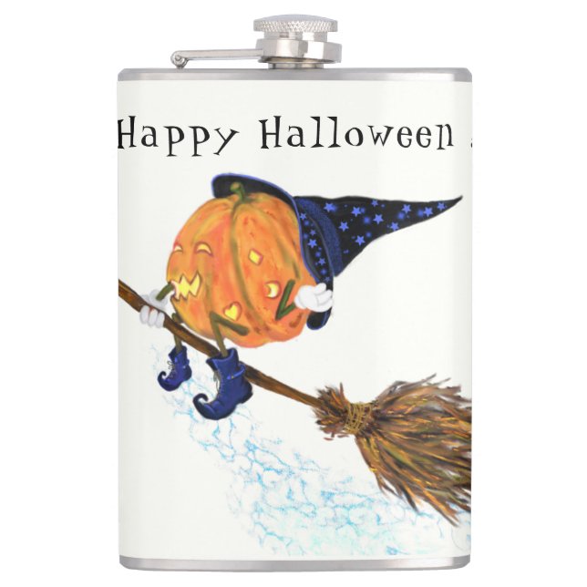Cantil Dia de as Bruxas engraçado Flask Witch Pumpkin Voa (Frente)
