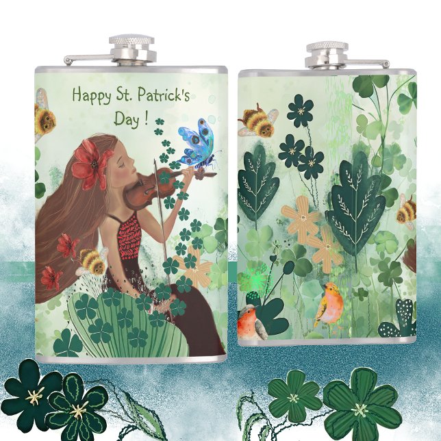 Cantil Dia de Patrick com música (St Patrick's Day with Music Flask, with woman playing a violin )