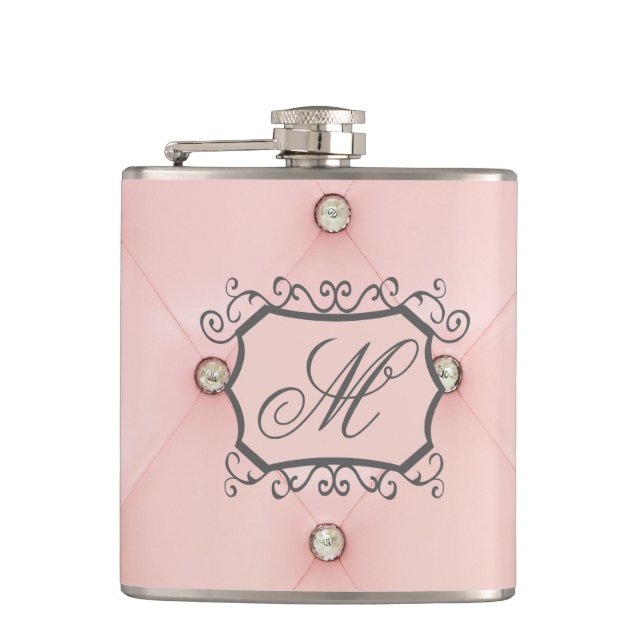 Cantil Diamond Bling Pink Tufted Monograma Whiskey Flask (Frente)