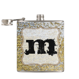 Cantil Dourado e Silver Grunge Monograma Whiskey Flask