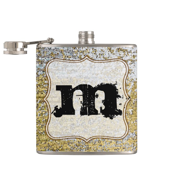 Cantil Dourado e Silver Grunge Monograma Whiskey Flask (Aberto)