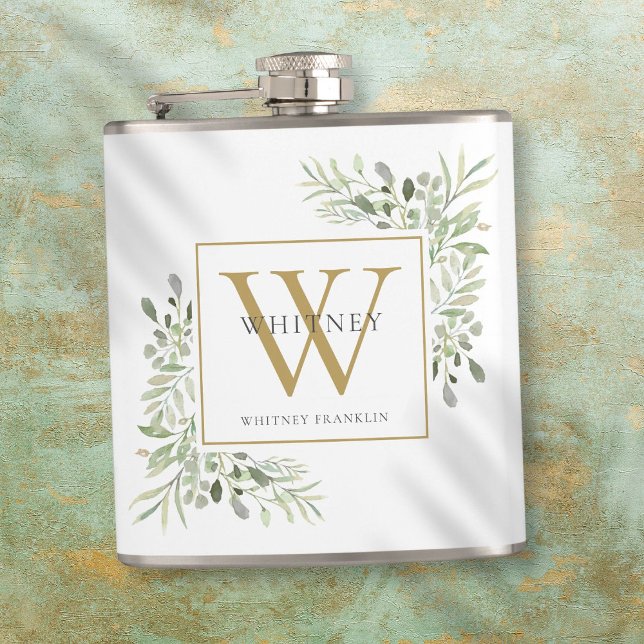 Cantil Dourado Monograma Elegante Verde Moderno (Gold Monogram Elegant Modern Greenery Flask)