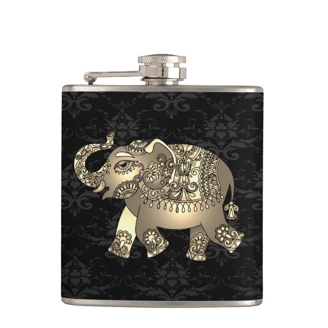 Cantil Elefante Dourado Elegante, Floral, Damasco Preto (Frente)