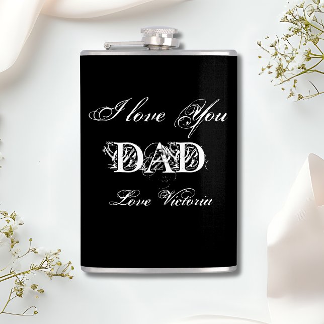 Cantil 'Eu te amo Pai' Personalizado White e Prata Preta ('I Love You Dad' Personalized Black White & Silver Flask.)