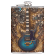Fantasy Steampunk Vintage Blue Guitar Watercolor