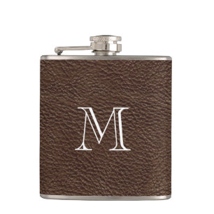Cantil Faux Brown Leather Monogramas Flask De Aço Inoxidá