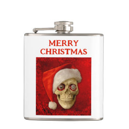 Cantil Feliz Natal. Caveira usando chapéu de Papai Noel