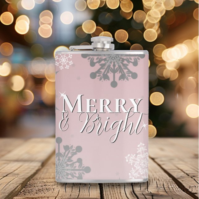 Cantil Feliz rosa e flocos de neve brilhantes Natal (Pink Merry and Bright Snowflakes Christmas Flask)
