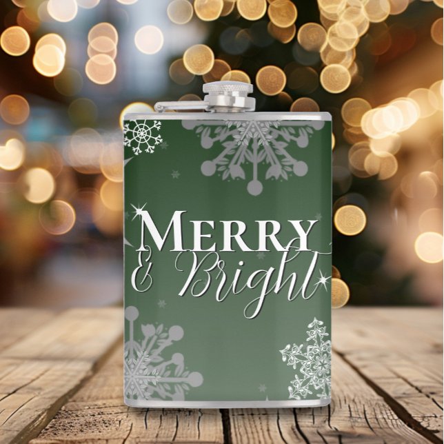 Cantil Feliz Verde e Neve Brilhante Natal (Green Merry and Bright Snowflakes Christmas Flask)
