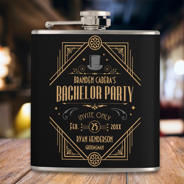 Cantil Festa de Solteiro | Black & Dourado Art Deco SpeEa (Art Deco 1920s speakeasy flask bachelor party favors for groomsmen and best man black and gold)