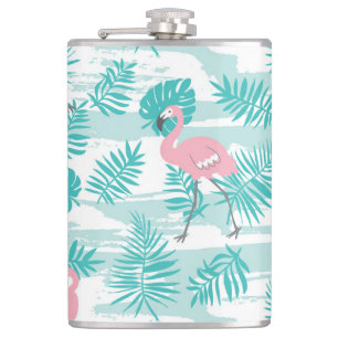 Cantil flamingos cor-de-rosa, palmeiras verdes, tropicais