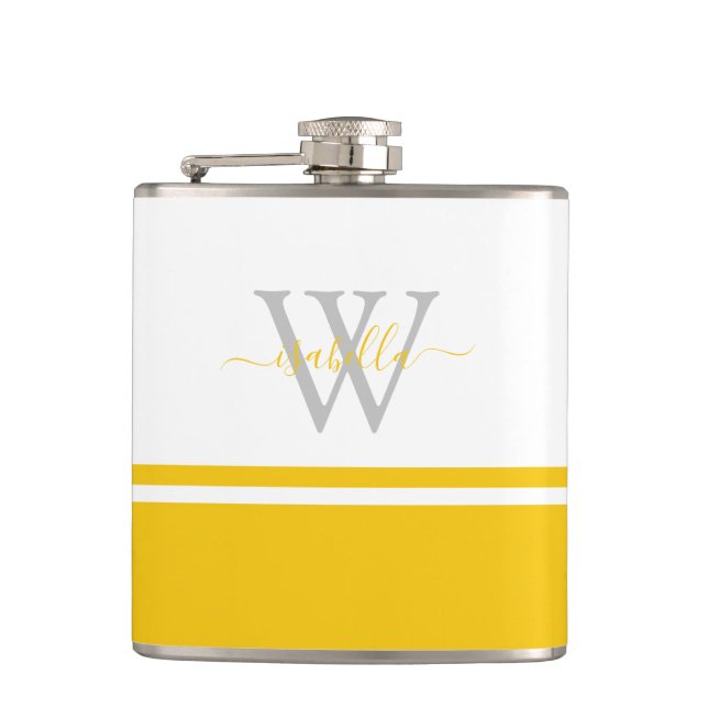 Cantil Flask Moderno de Script Monograma Amarelo (Frente)