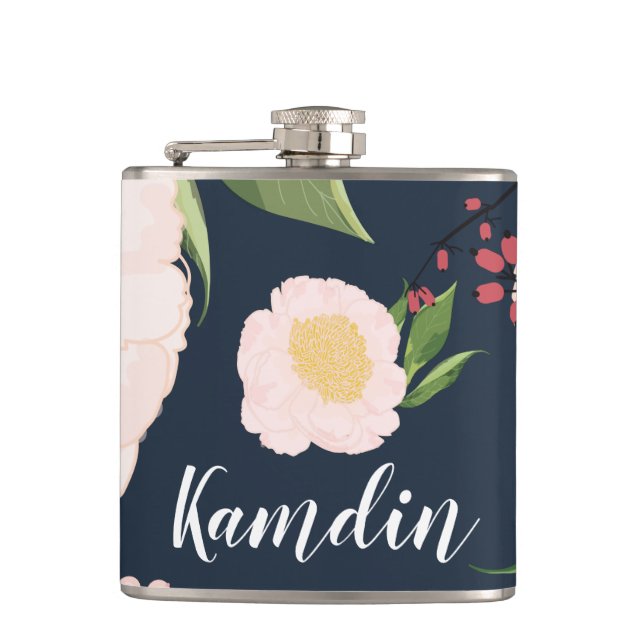 Cantil Flask White Floral Personalizado em Bl Escuro (Frente)