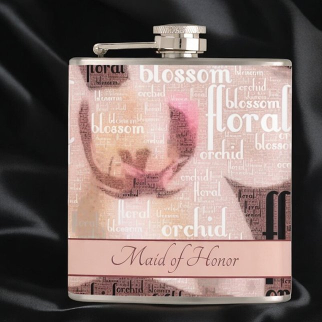 Cantil Floral Orquídea Dourada Rosa de Madrinha de casame (flask front with template text)