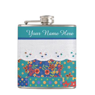 Cantil Floral Personalizado no Teal, Faux Lace Hip Flask