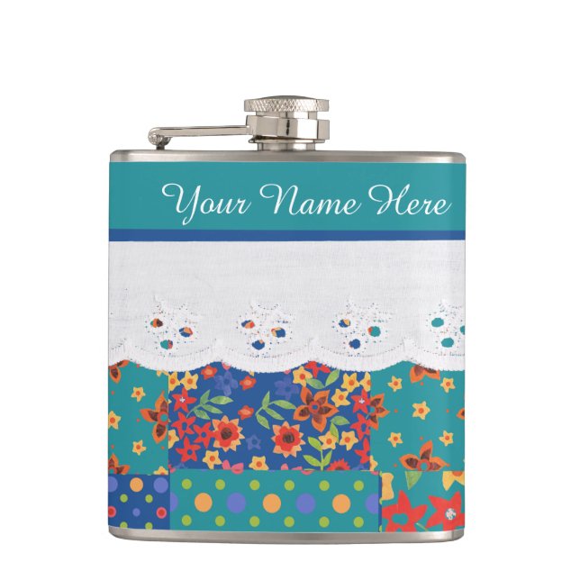 Cantil Floral Personalizado no Teal, Faux Lace Hip Flask (Frente)