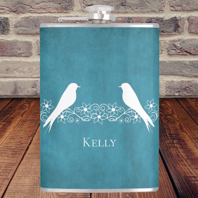 Cantil Floral Vinha-Floral-Frasco Personalizado (Blue Lovebirds Floral Vine Personalized Flask)