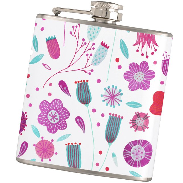 Cantil Floral Watercolor Wildflower (Magenta pink and turquoise blue green floral watercolor hip flask)