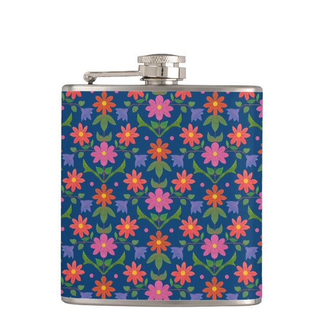Cantil Flores Chic Rangoli Bolinhas no Blue Hip Flask (Frente)