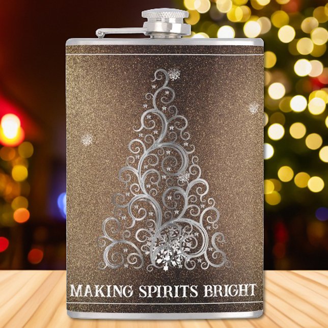 Cantil Flores de Árvore de Natal e Flocos de Neve | DOURA (Gold Christmas Tree Glitter and Snowflakes Flask)