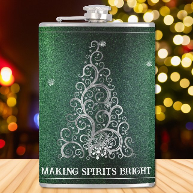 Cantil Flores de Árvore de Natal e Flocos de Neve | Verde (Green Christmas Tree Glitter and Snowflakes Flask)